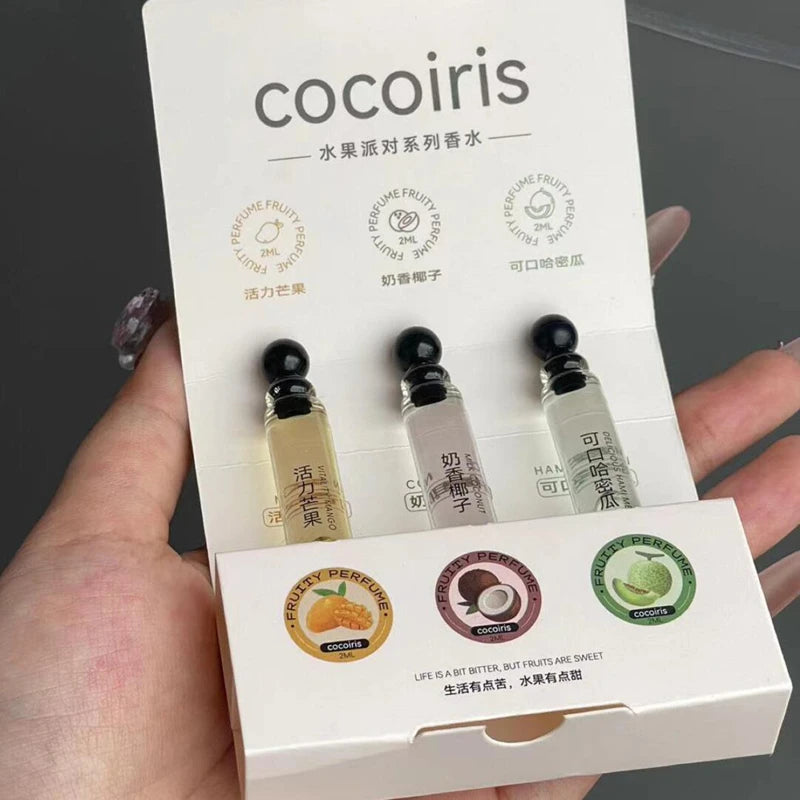 Mini profumi spray concentrati alla frutta: mela, cocco, uva, mango.